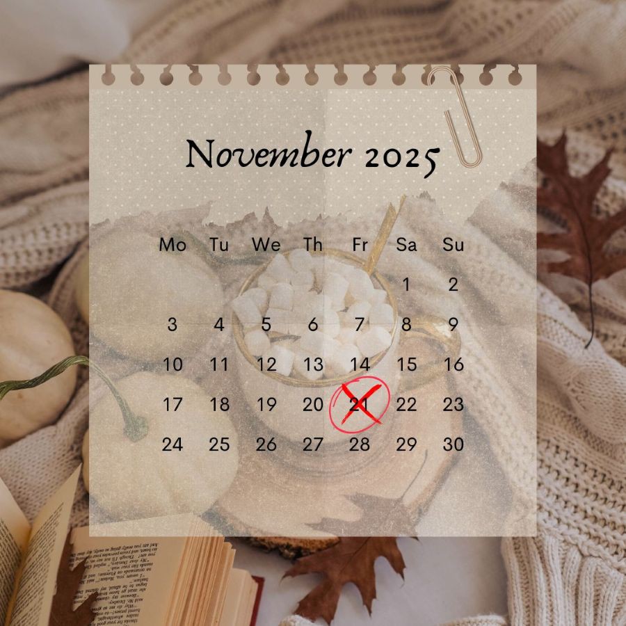 Man sieht ein Kalenderblatt von November 2025, auf dem der Freitag 21. mit einem roten X markiert ist.